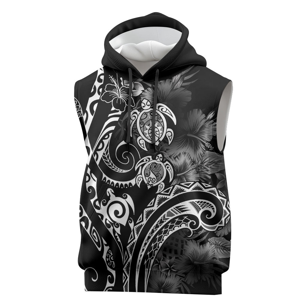 Aloha Hawaii Turtles Floral Sleeveless Hoodie Obsidian Glaze LT7 Black - Polynesian Pride