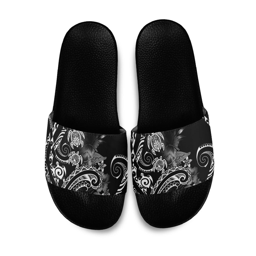 Aloha Hawaii Turtles Floral Slide Sandals Obsidian Glaze LT7 Black - Polynesian Pride