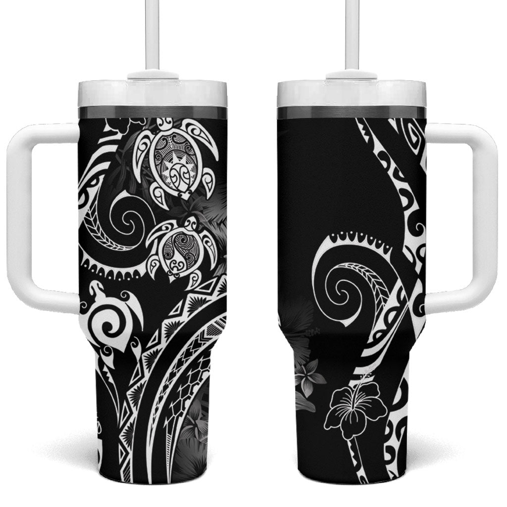 Aloha Hawaii Turtles Floral Tumbler With Handle Obsidian Glaze LT7 One Size: 40 oz Black - Polynesian Pride