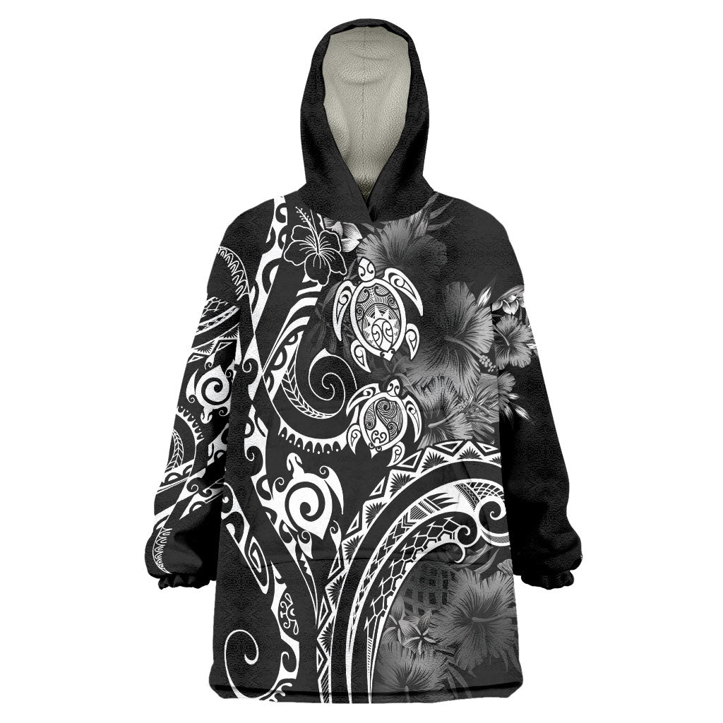 Aloha Hawaii Turtles Floral Wearable Blanket Hoodie Obsidian Glaze LT7 One Size Black - Polynesian Pride