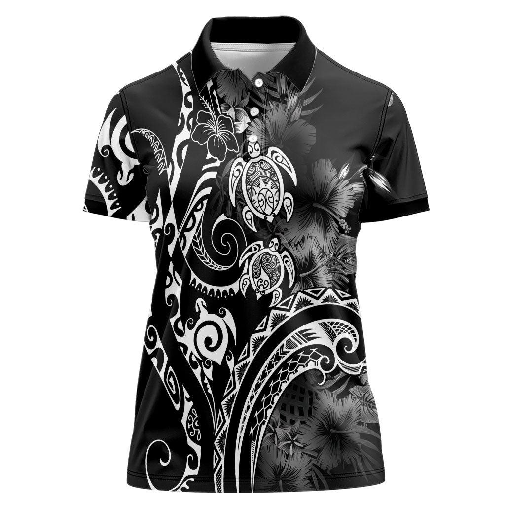 Aloha Hawaii Turtles Floral Women Polo Shirt Obsidian Glaze LT7 Female Black - Polynesian Pride