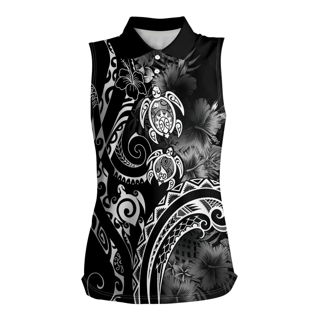 Aloha Hawaii Turtles Floral Women Sleeveless Polo Shirt Obsidian Glaze LT7 Female Black - Polynesian Pride