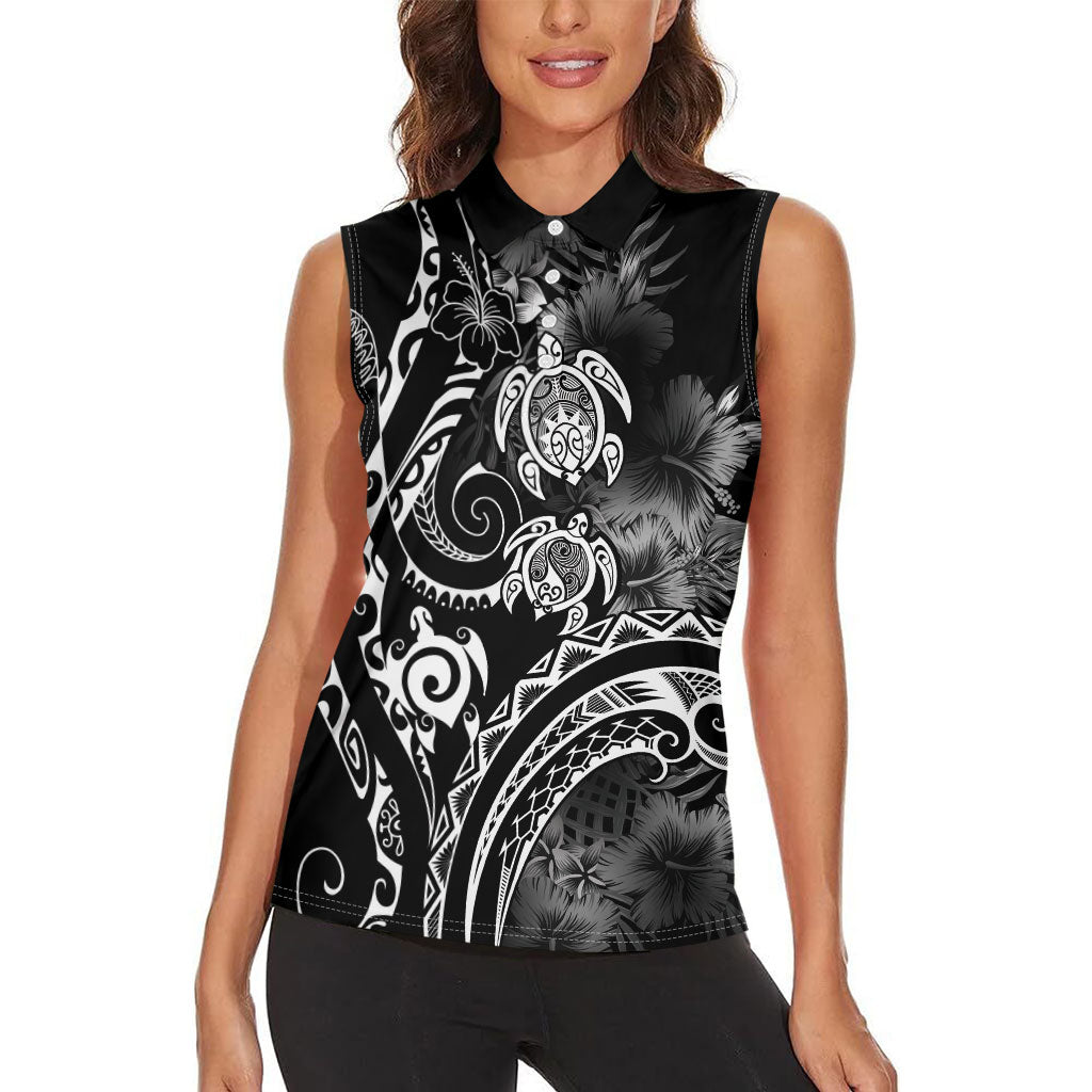 Aloha Hawaii Turtles Floral Women Sleeveless Polo Shirt Obsidian Glaze