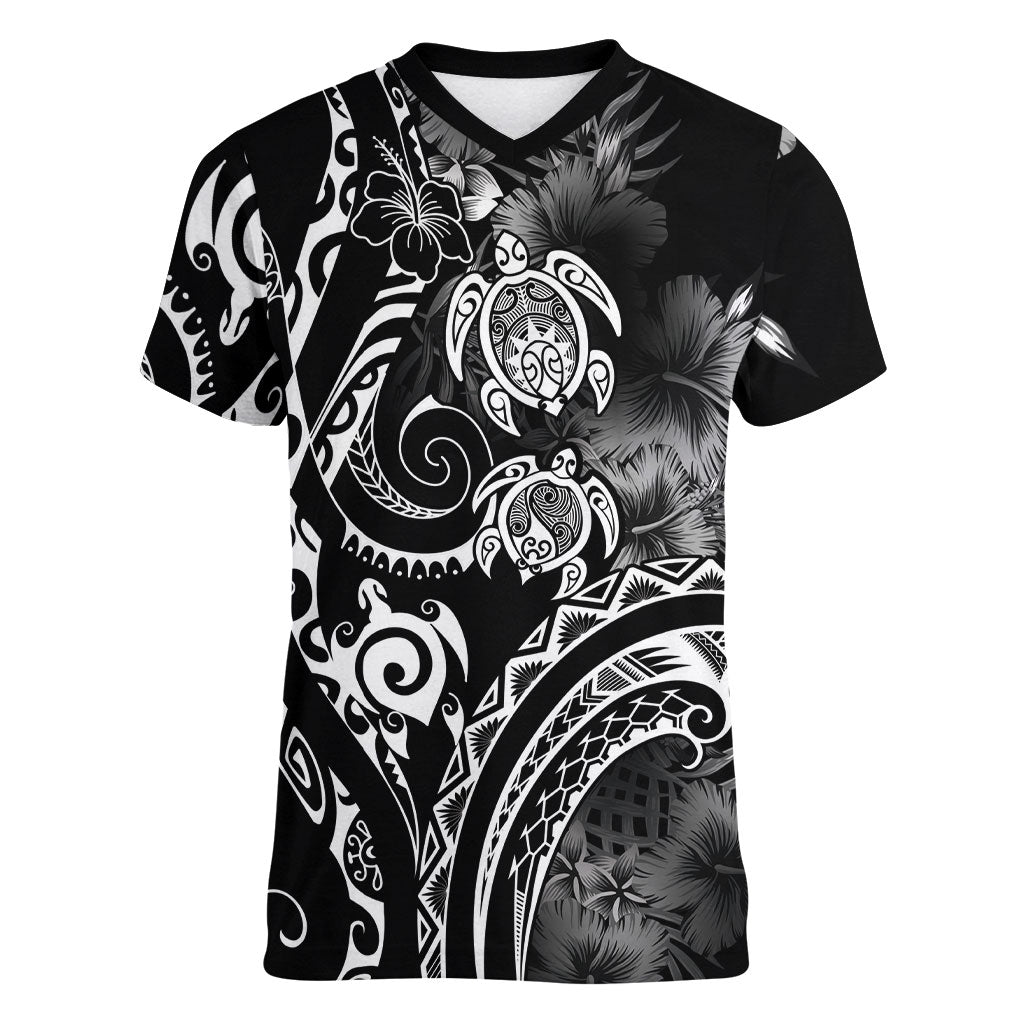 Aloha Hawaii Turtles Floral Women V-Neck T-Shirt Obsidian Glaze LT7 Female Black - Polynesian Pride
