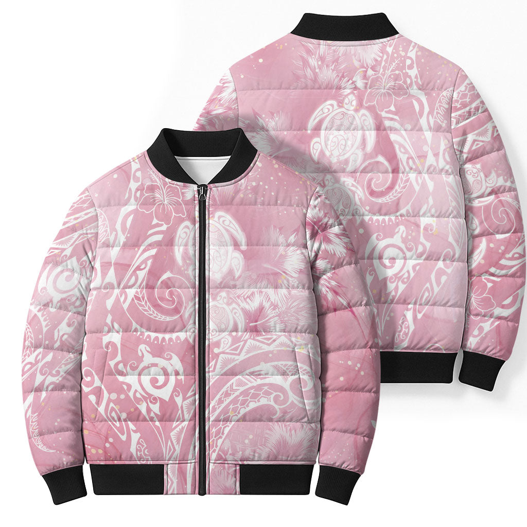 Aloha Hawaii Turtles Floral Bomber Puffer Jacket Pink Marbles Glaze