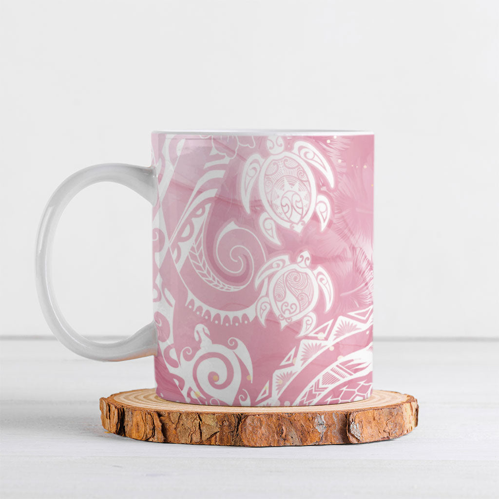 Aloha Hawaii Turtles Floral Ceramic Mug Pink Marbles Glaze