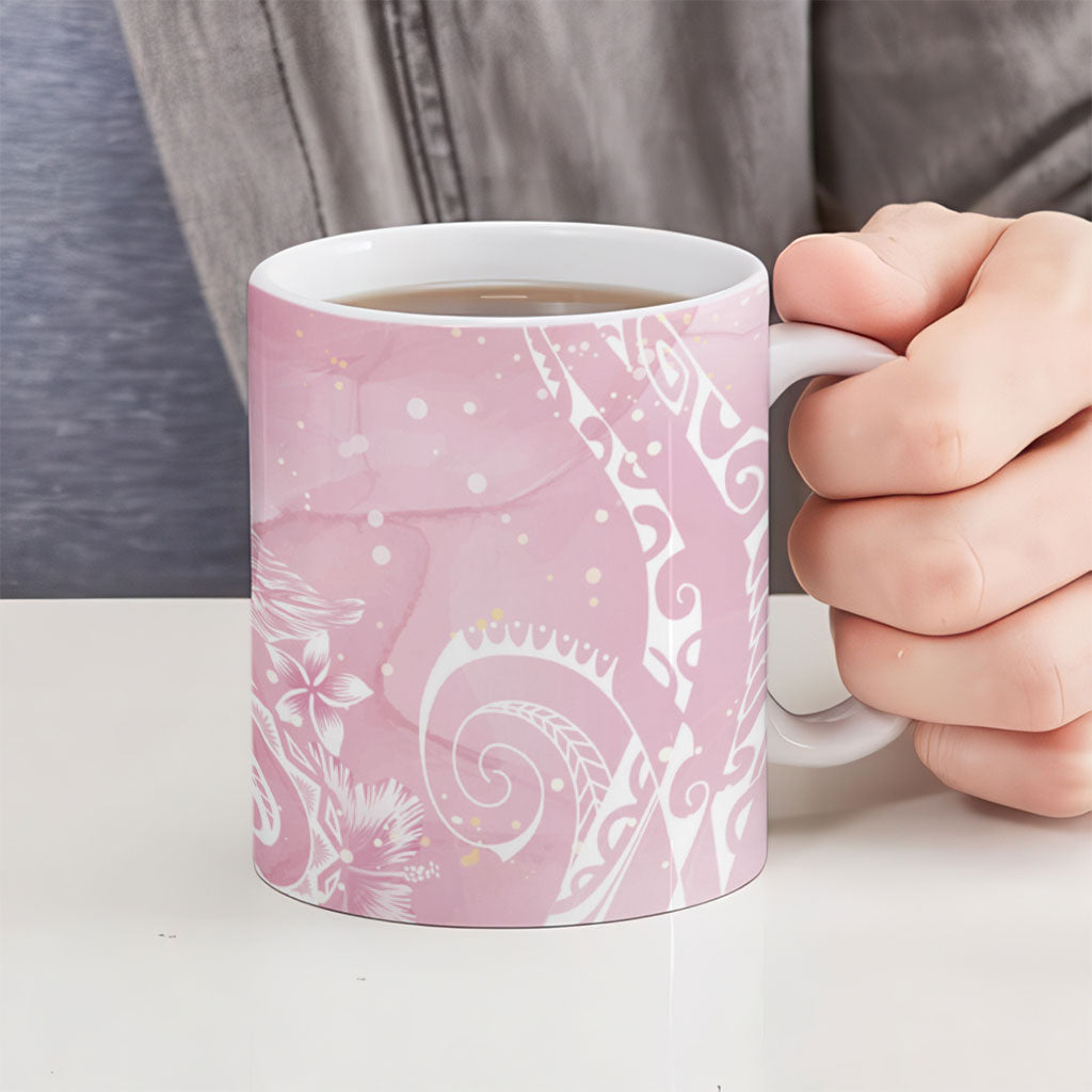 Aloha Hawaii Turtles Floral Ceramic Mug Pink Marbles Glaze