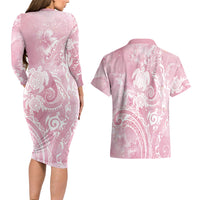Aloha Hawaii Turtles Floral Couples Matching Long Sleeve Bodycon Dress and Hawaiian Shirt Pink Marbles Glaze