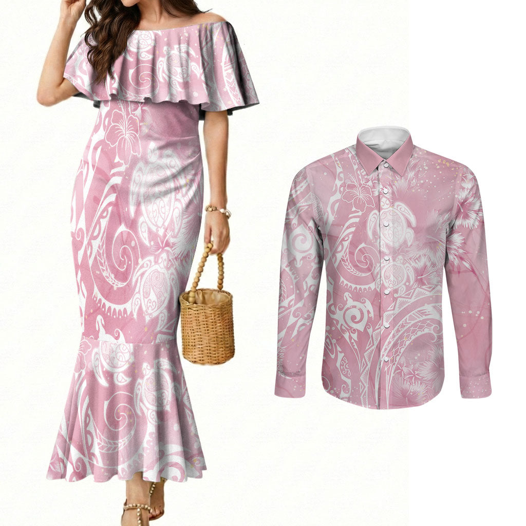 Aloha Hawaii Turtles Floral Couples Matching Mermaid Dress and Long Sleeve Button Shirt Pink Marbles Glaze LT7 Pink - Polynesian Pride