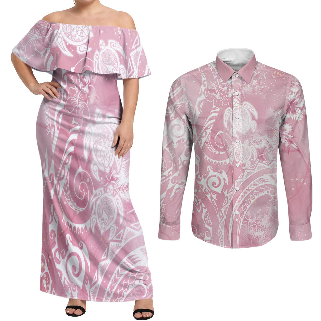 Aloha Hawaii Turtles Floral Couples Matching Off Shoulder Maxi Dress and Long Sleeve Button Shirt Pink Marbles Glaze LT7 Pink - Polynesian Pride