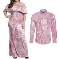 Aloha Hawaii Turtles Floral Couples Matching Off Shoulder Maxi Dress and Long Sleeve Button Shirt Pink Marbles Glaze