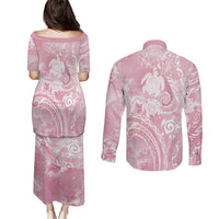 Aloha Hawaii Turtles Floral Couples Matching Puletasi and Long Sleeve Button Shirt Pink Marbles Glaze