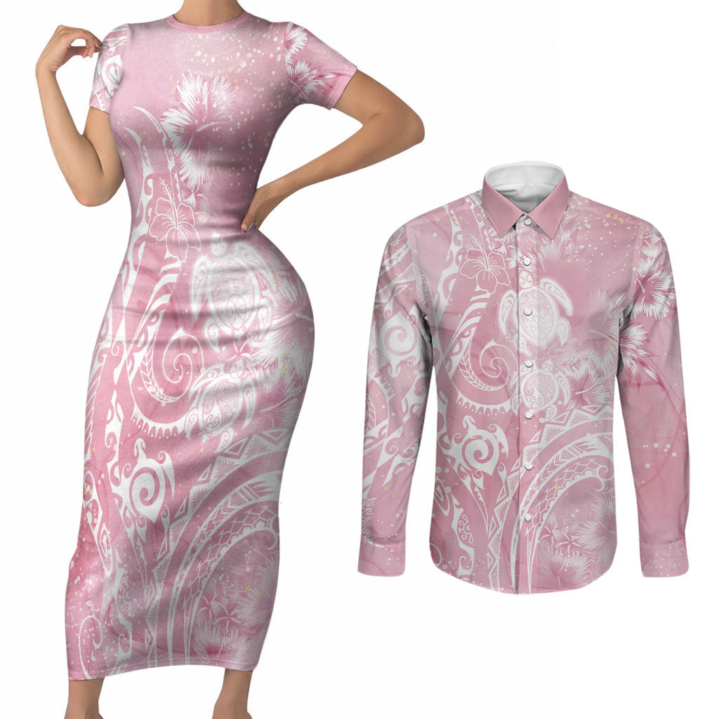 Aloha Hawaii Turtles Floral Couples Matching Short Sleeve Bodycon Dress and Long Sleeve Button Shirt Pink Marbles Glaze LT7 Pink - Polynesian Pride