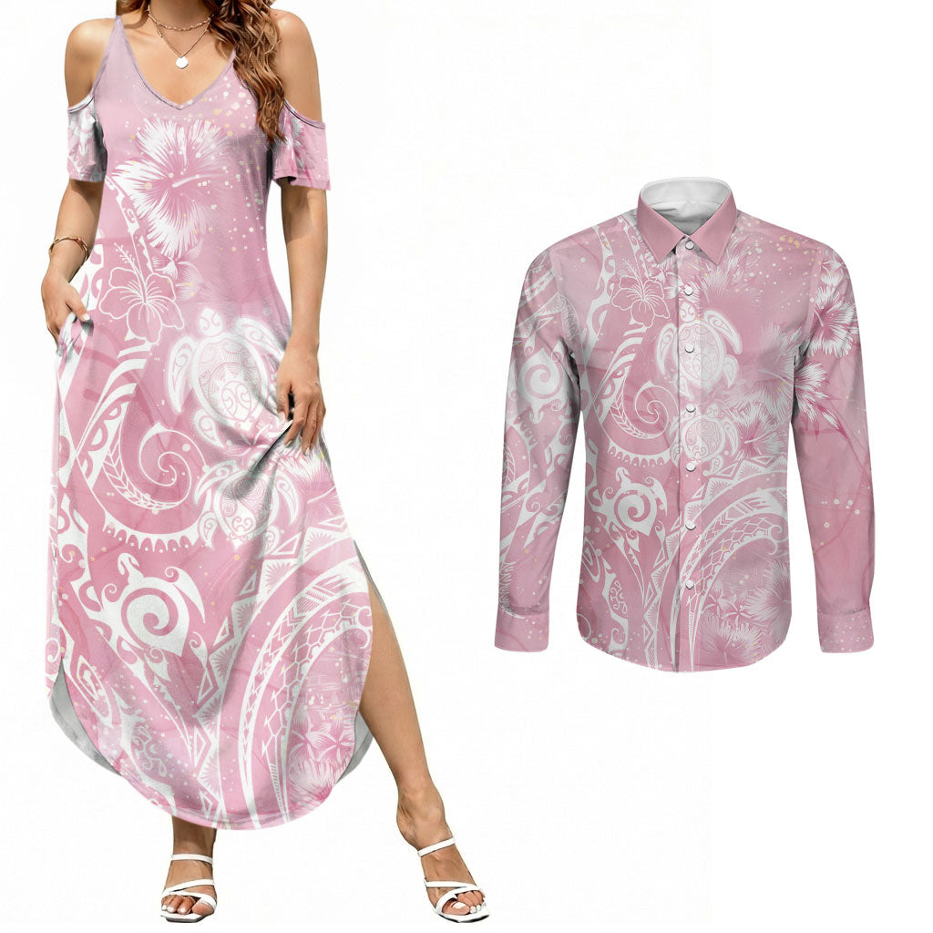 Aloha Hawaii Turtles Floral Couples Matching Summer Maxi Dress and Long Sleeve Button Shirt Pink Marbles Glaze LT7 Pink - Polynesian Pride