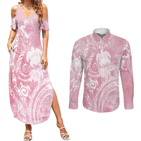 Aloha Hawaii Turtles Floral Couples Matching Summer Maxi Dress and Long Sleeve Button Shirt Pink Marbles Glaze
