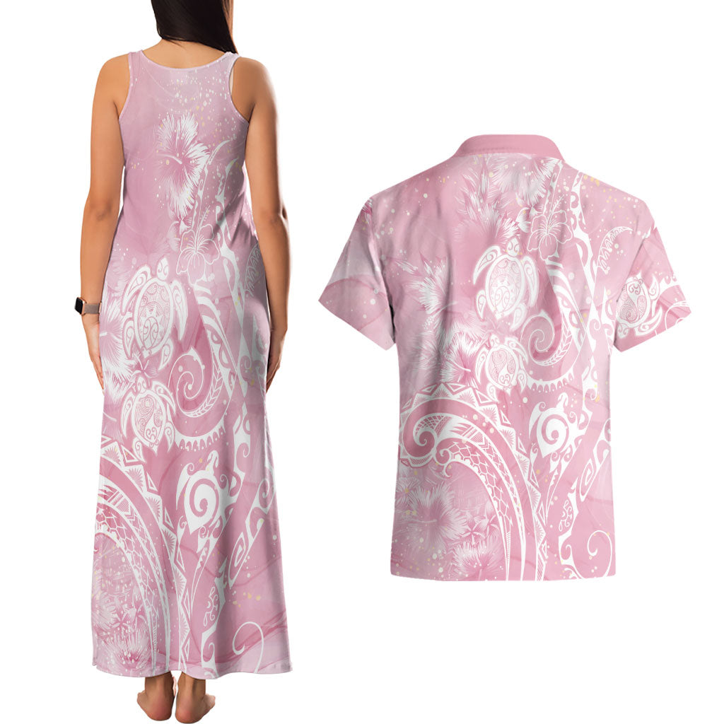 Aloha Hawaii Turtles Floral Couples Matching Tank Maxi Dress and Hawaiian Shirt Pink Marbles Glaze