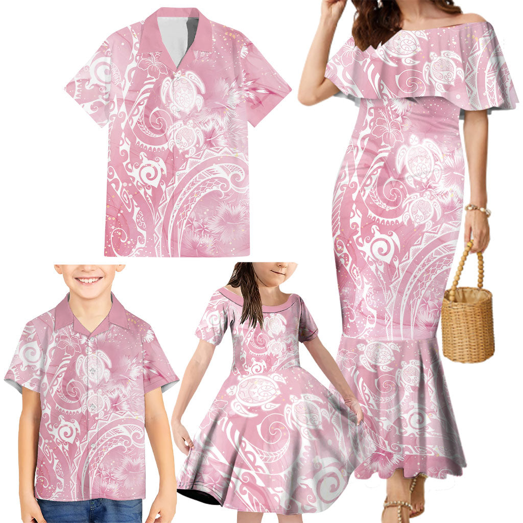 Aloha Hawaii Turtles Floral Family Matching Mermaid Dress and Hawaiian Shirt Pink Marbles Glaze