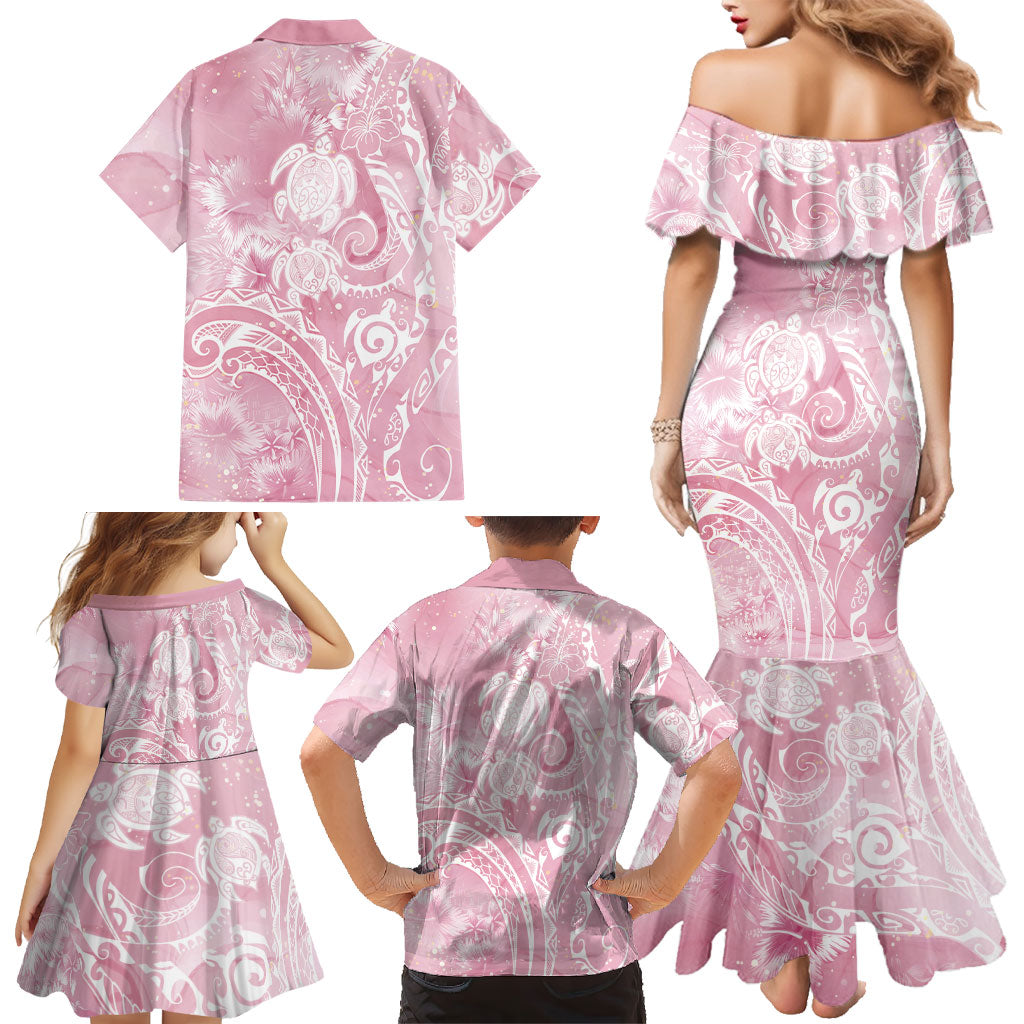 Aloha Hawaii Turtles Floral Family Matching Mermaid Dress and Hawaiian Shirt Pink Marbles Glaze