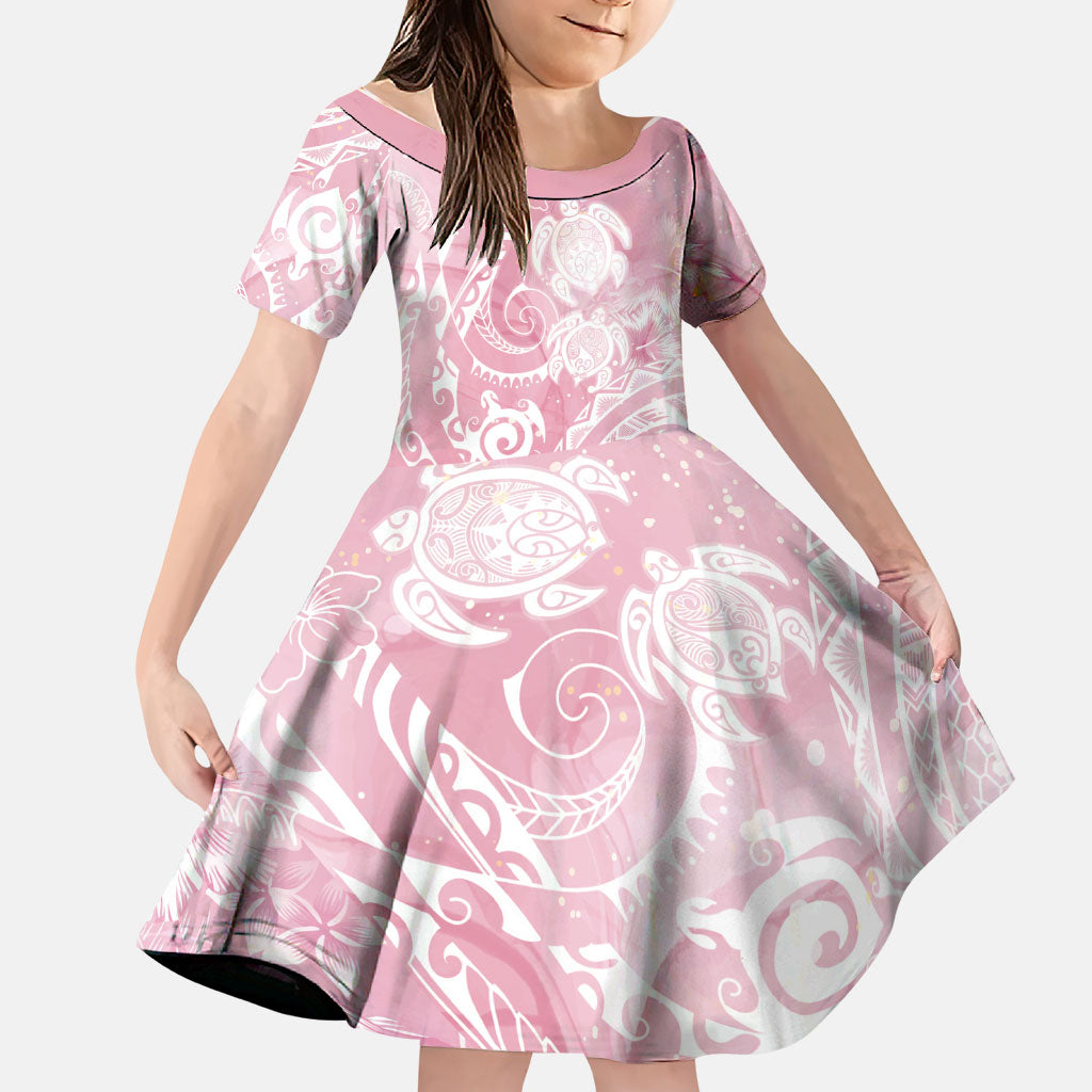 Aloha Hawaii Turtles Floral Family Matching Summer Maxi Dress and Hawaiian Shirt Pink Marbles Glaze