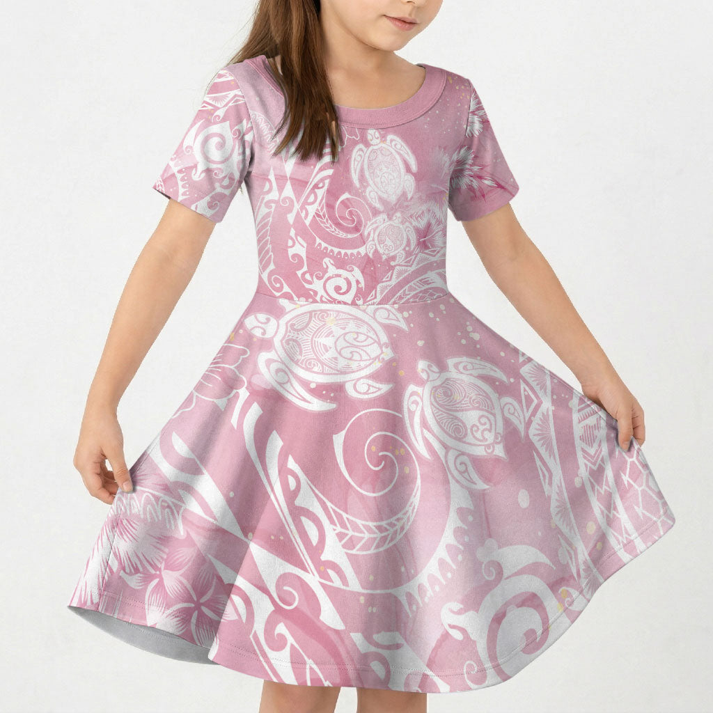 Aloha Hawaii Turtles Floral Kid Short Sleeve Dress Pink Marbles Glaze LT7 KID Pink - Polynesian Pride