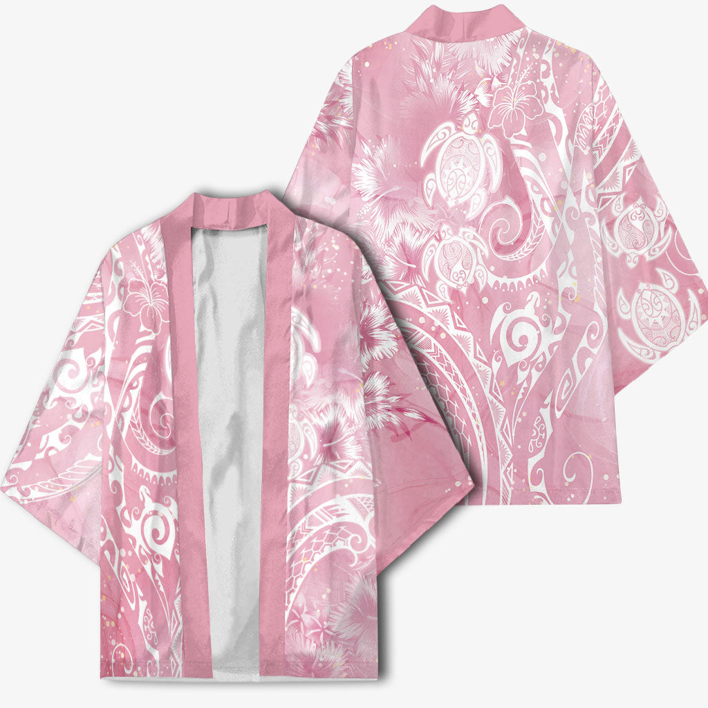 Aloha Hawaii Turtles Floral Kimono Pink Marbles Glaze