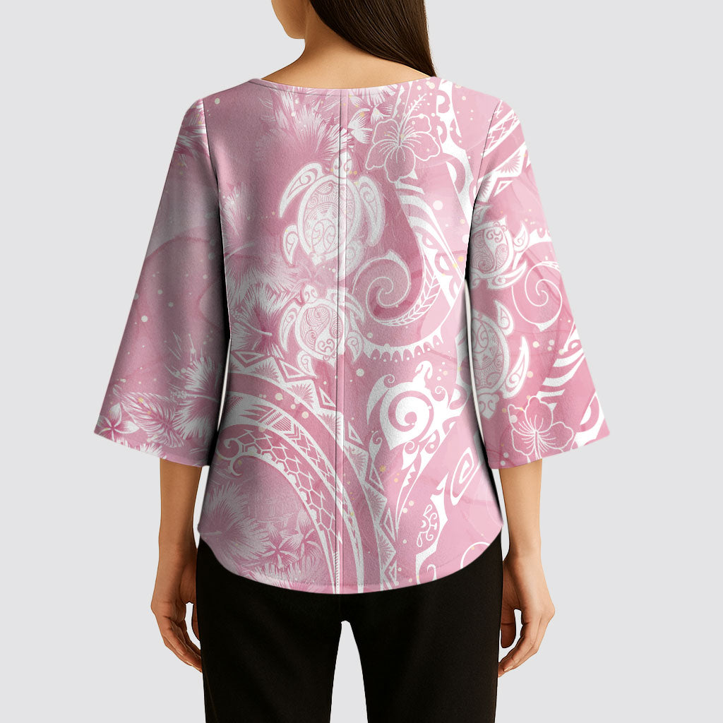 Aloha Hawaii Turtles Floral Kimono Sleeve Blouse Pink Marbles Glaze