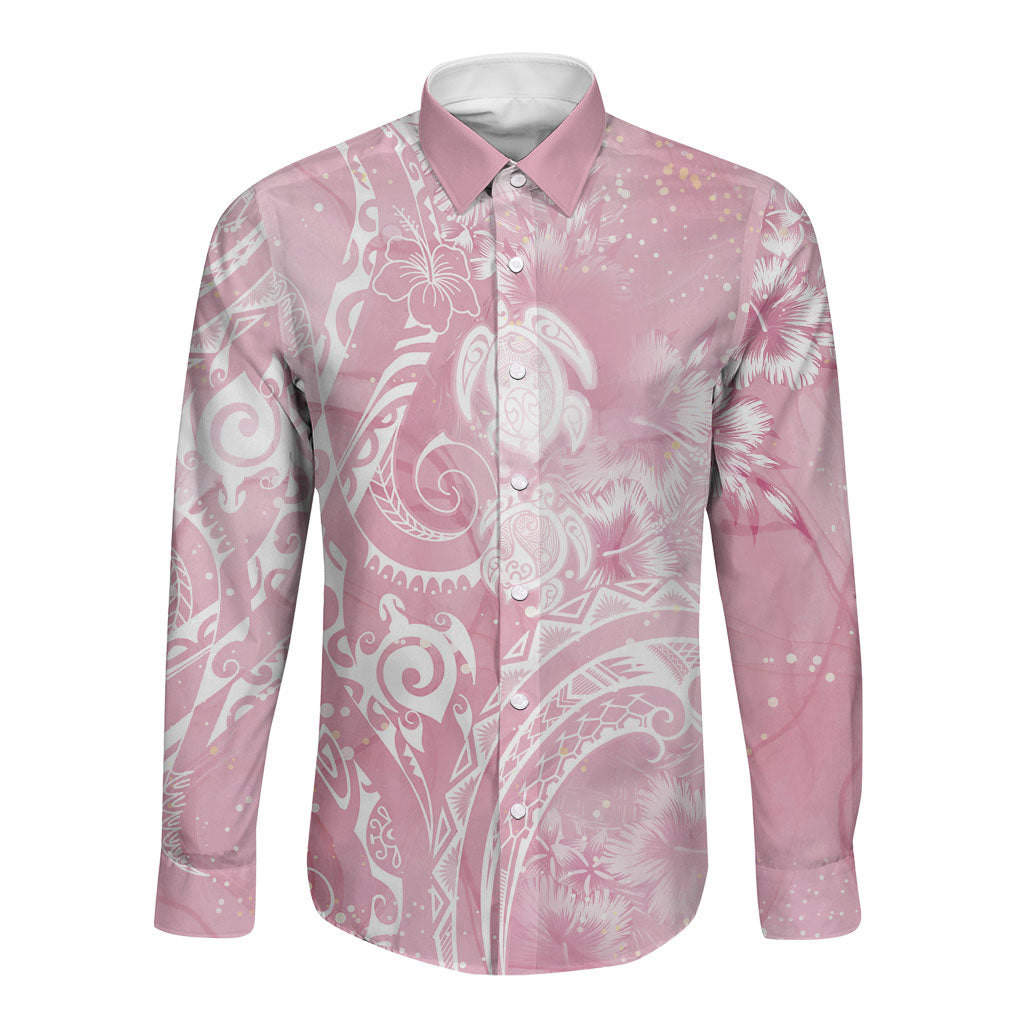 Aloha Hawaii Turtles Floral Long Sleeve Button Shirt Pink Marbles Glaze LT7 Unisex Pink - Polynesian Pride