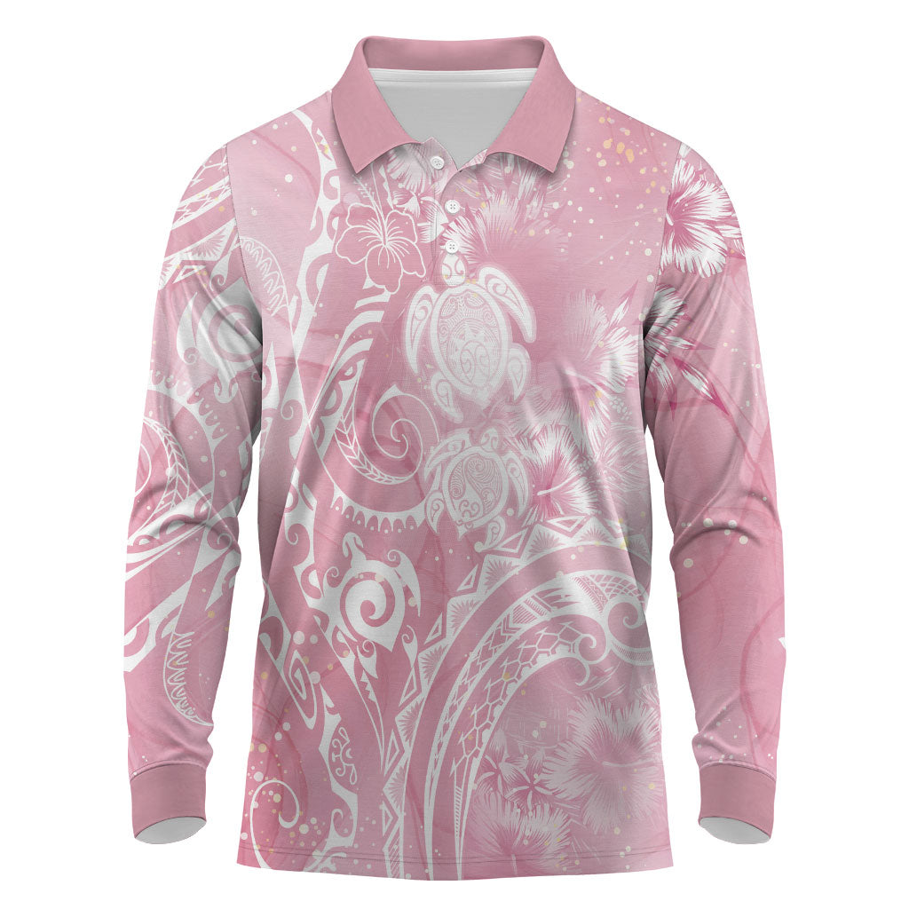 Aloha Hawaii Turtles Floral Long Sleeve Polo Shirt Pink Marbles Glaze LT7 Pink - Polynesian Pride
