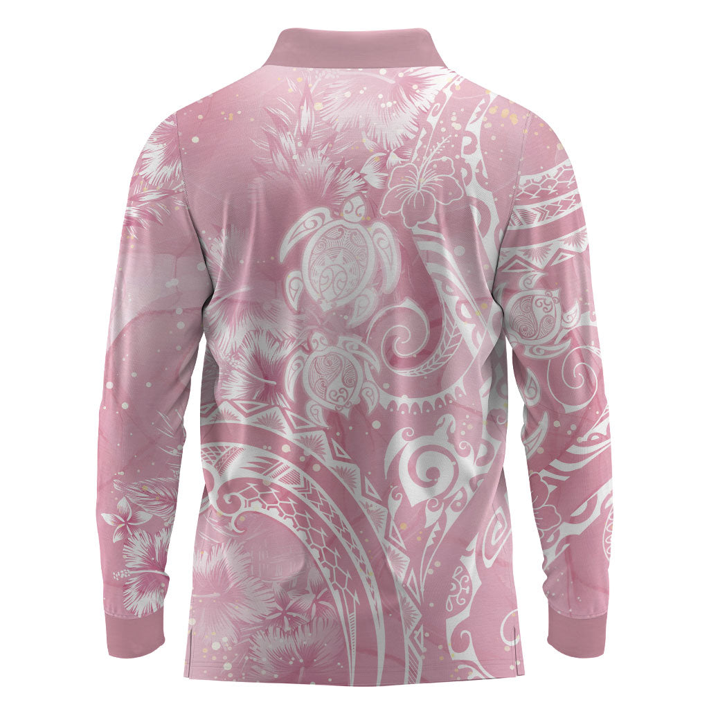 Aloha Hawaii Turtles Floral Long Sleeve Polo Shirt Pink Marbles Glaze