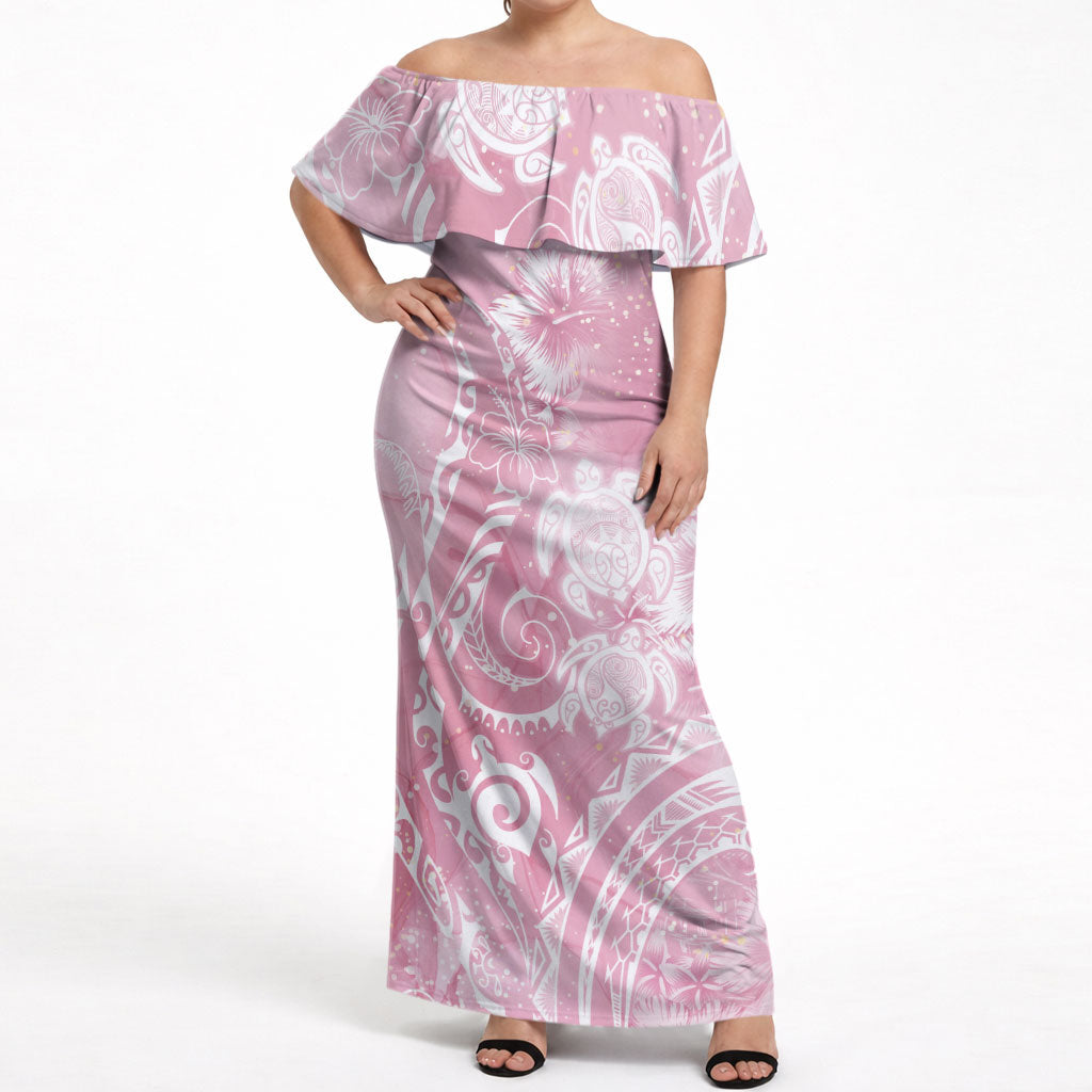 Aloha Hawaii Turtles Floral Off Shoulder Maxi Dress Pink Marbles Glaze LT7 Women Pink - Polynesian Pride