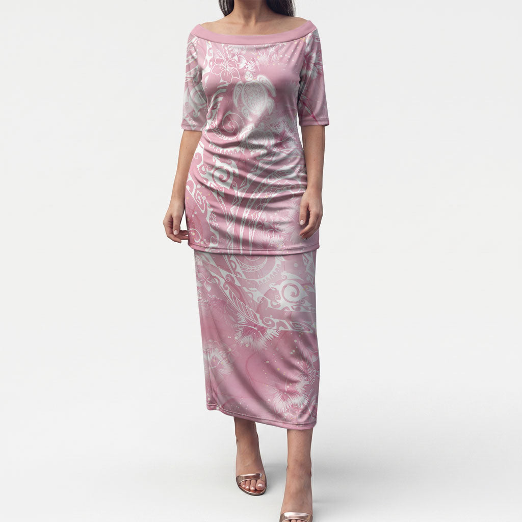 Aloha Hawaii Turtles Floral Puletasi Pink Marbles Glaze LT7 Long Dress Pink - Polynesian Pride