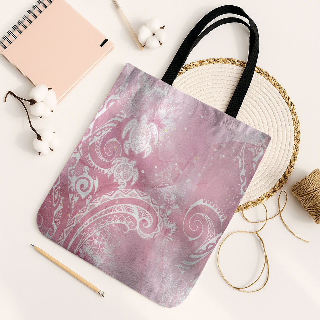 Aloha Hawaii Turtles Floral Tote Bag Pink Marbles Glaze LT7 Black Strap One Size Pink - Polynesian Pride