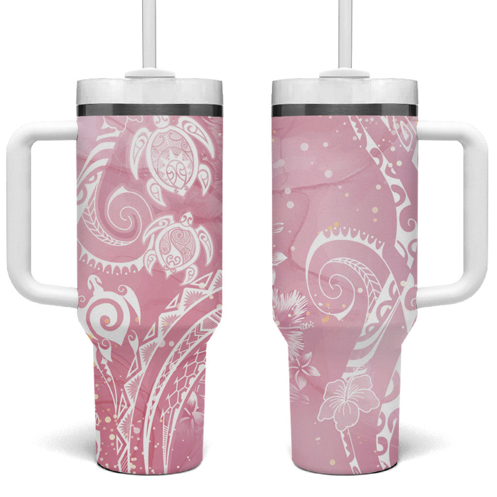 Aloha Hawaii Turtles Floral Tumbler With Handle Pink Marbles Glaze LT7 One Size: 40 oz Pink - Polynesian Pride