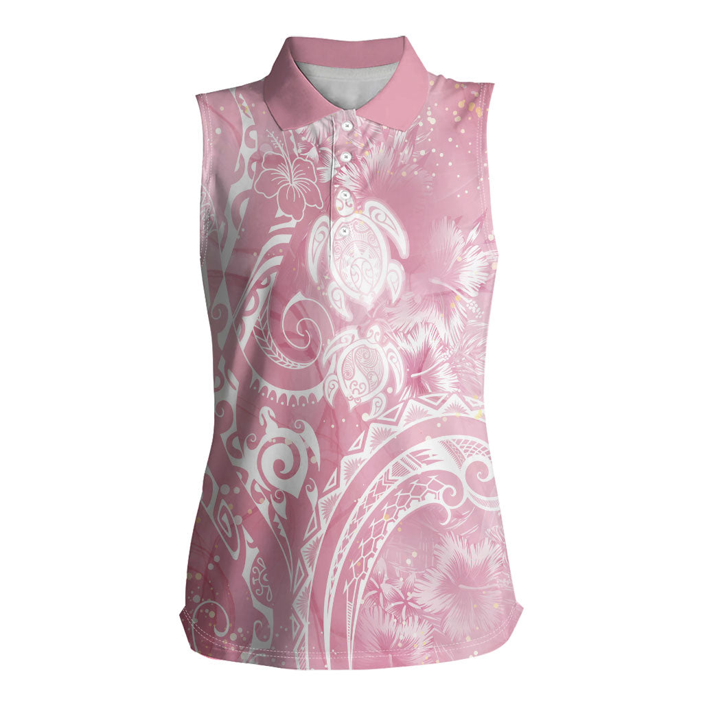 Aloha Hawaii Turtles Floral Women Sleeveless Polo Shirt Pink Marbles Glaze LT7 Female Pink - Polynesian Pride