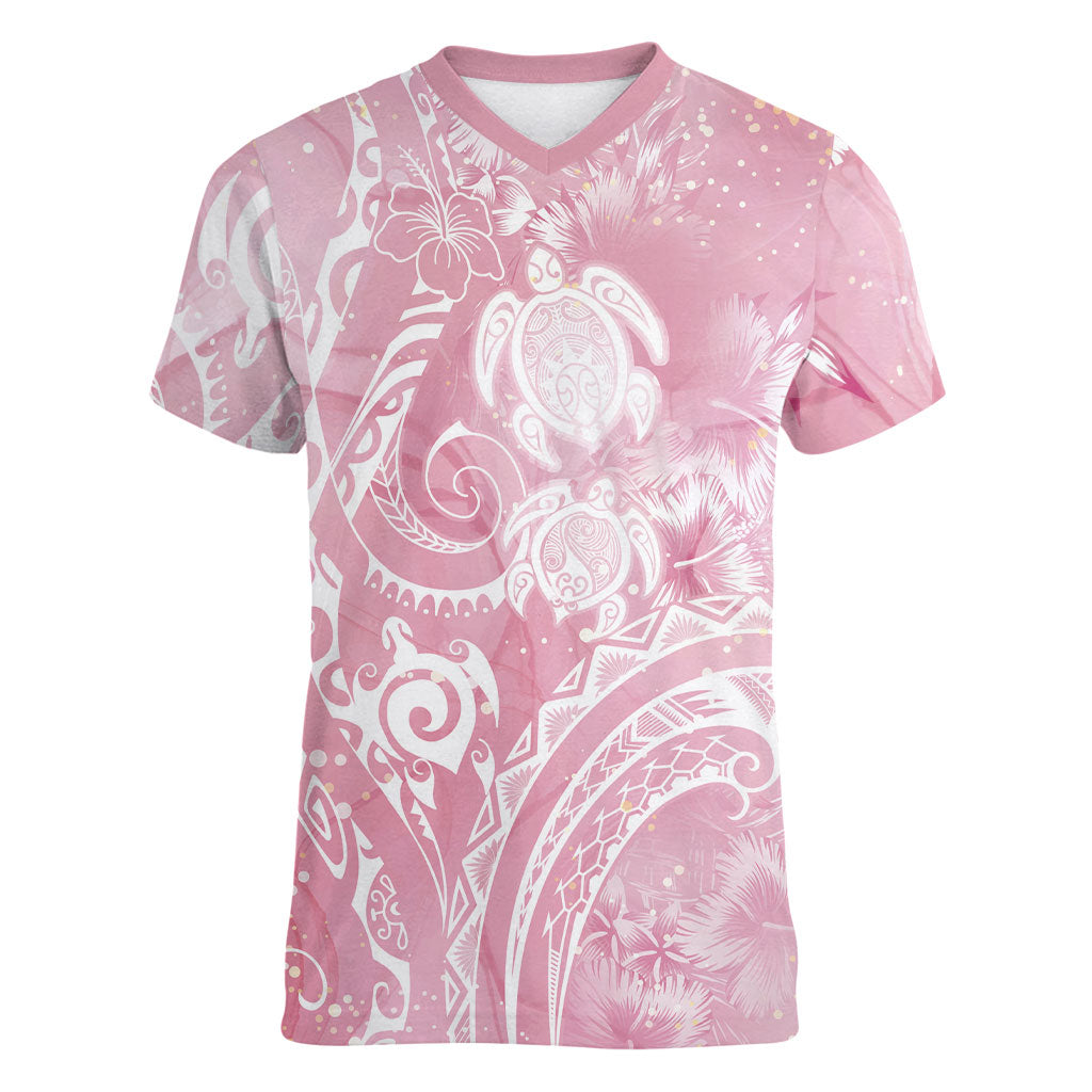 Aloha Hawaii Turtles Floral Women V-Neck T-Shirt Pink Marbles Glaze LT7 Female Pink - Polynesian Pride