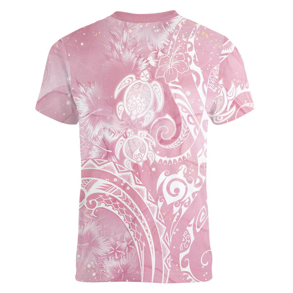 Aloha Hawaii Turtles Floral Women V-Neck T-Shirt Pink Marbles Glaze