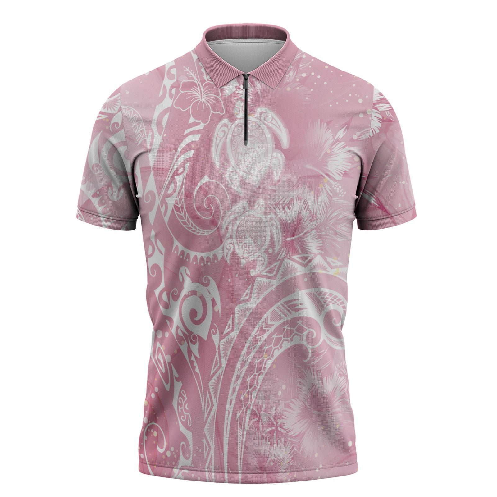 Aloha Hawaii Turtles Floral Zipper Polo Shirt Pink Marbles Glaze LT7 Pink - Polynesian Pride