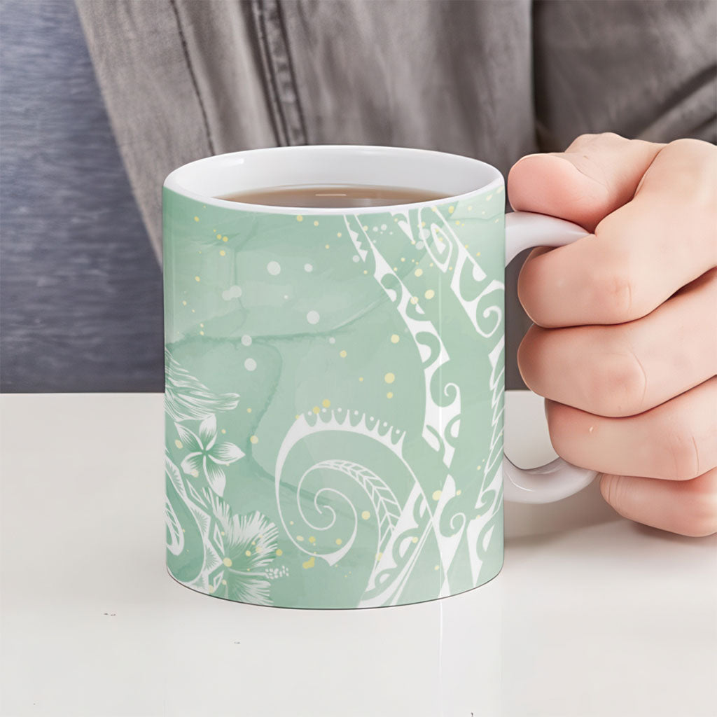Aloha Hawaii Turtles Floral Ceramic Mug Seafoam Marbles Glaze