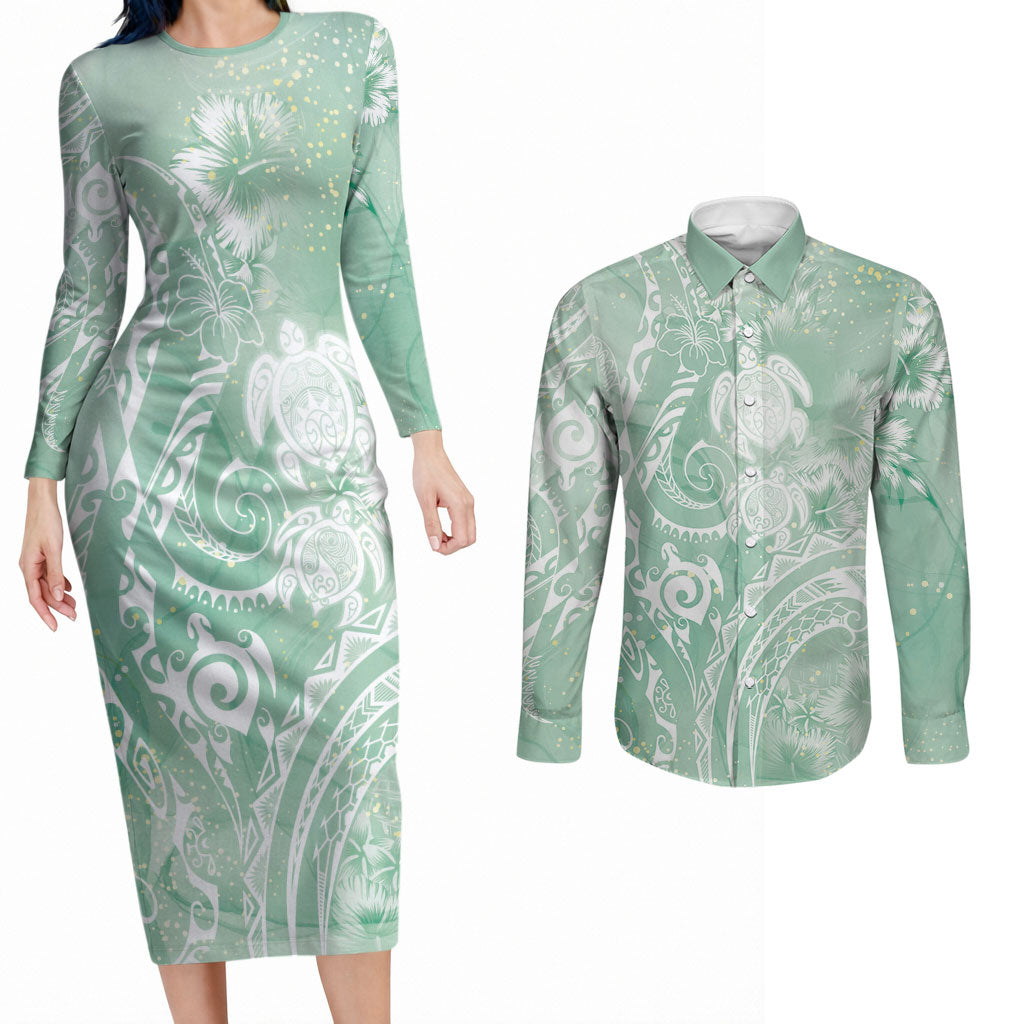 Aloha Hawaii Turtles Floral Couples Matching Long Sleeve Bodycon Dress and Long Sleeve Button Shirt Seafoam Marbles Glaze LT7 Seafoam - Polynesian Pride