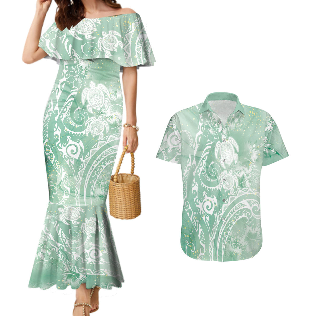 Aloha Hawaii Turtles Floral Couples Matching Mermaid Dress and Hawaiian Shirt Seafoam Marbles Glaze