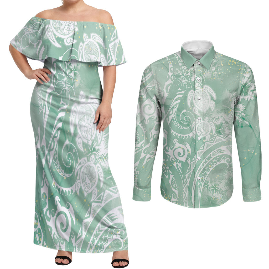 Aloha Hawaii Turtles Floral Couples Matching Off Shoulder Maxi Dress and Long Sleeve Button Shirt Seafoam Marbles Glaze LT7 Seafoam - Polynesian Pride