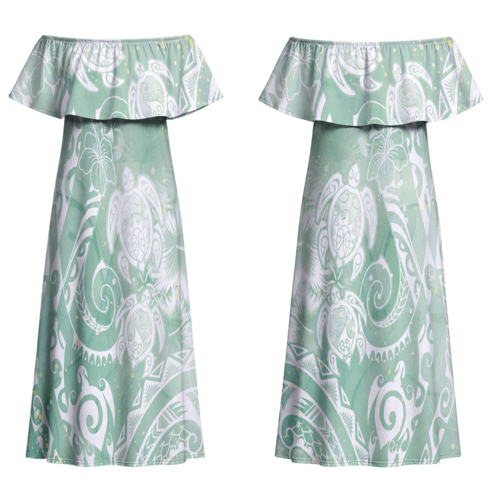 Aloha Hawaii Turtles Floral Couples Matching Off Shoulder Maxi Dress and Long Sleeve Button Shirt Seafoam Marbles Glaze LT7 - Polynesian Pride