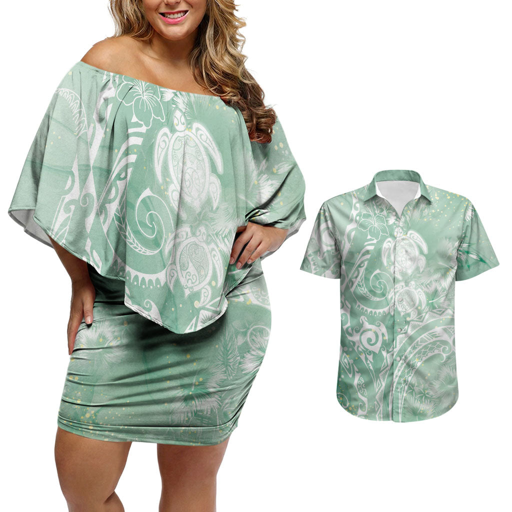 Aloha Hawaii Turtles Floral Couples Matching Off Shoulder Short Dress and Hawaiian Shirt Seafoam Marbles Glaze LT7 Seafoam - Polynesian Pride