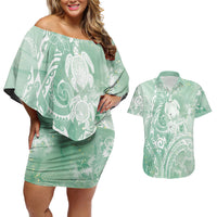 Aloha Hawaii Turtles Floral Couples Matching Off Shoulder Short Dress and Hawaiian Shirt Seafoam Marbles Glaze