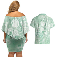 Aloha Hawaii Turtles Floral Couples Matching Off Shoulder Short Dress and Hawaiian Shirt Seafoam Marbles Glaze