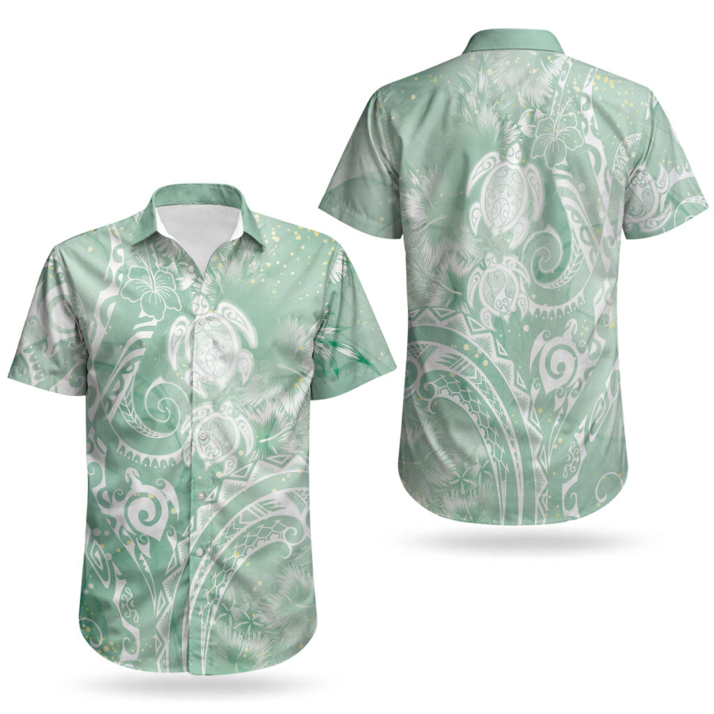 Aloha Hawaii Turtles Floral Couples Matching Off Shoulder Short Dress and Hawaiian Shirt Seafoam Marbles Glaze LT7 - Polynesian Pride