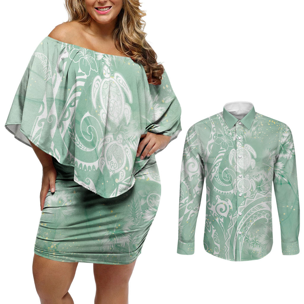Aloha Hawaii Turtles Floral Couples Matching Off Shoulder Short Dress and Long Sleeve Button Shirt Seafoam Marbles Glaze LT7 Seafoam - Polynesian Pride