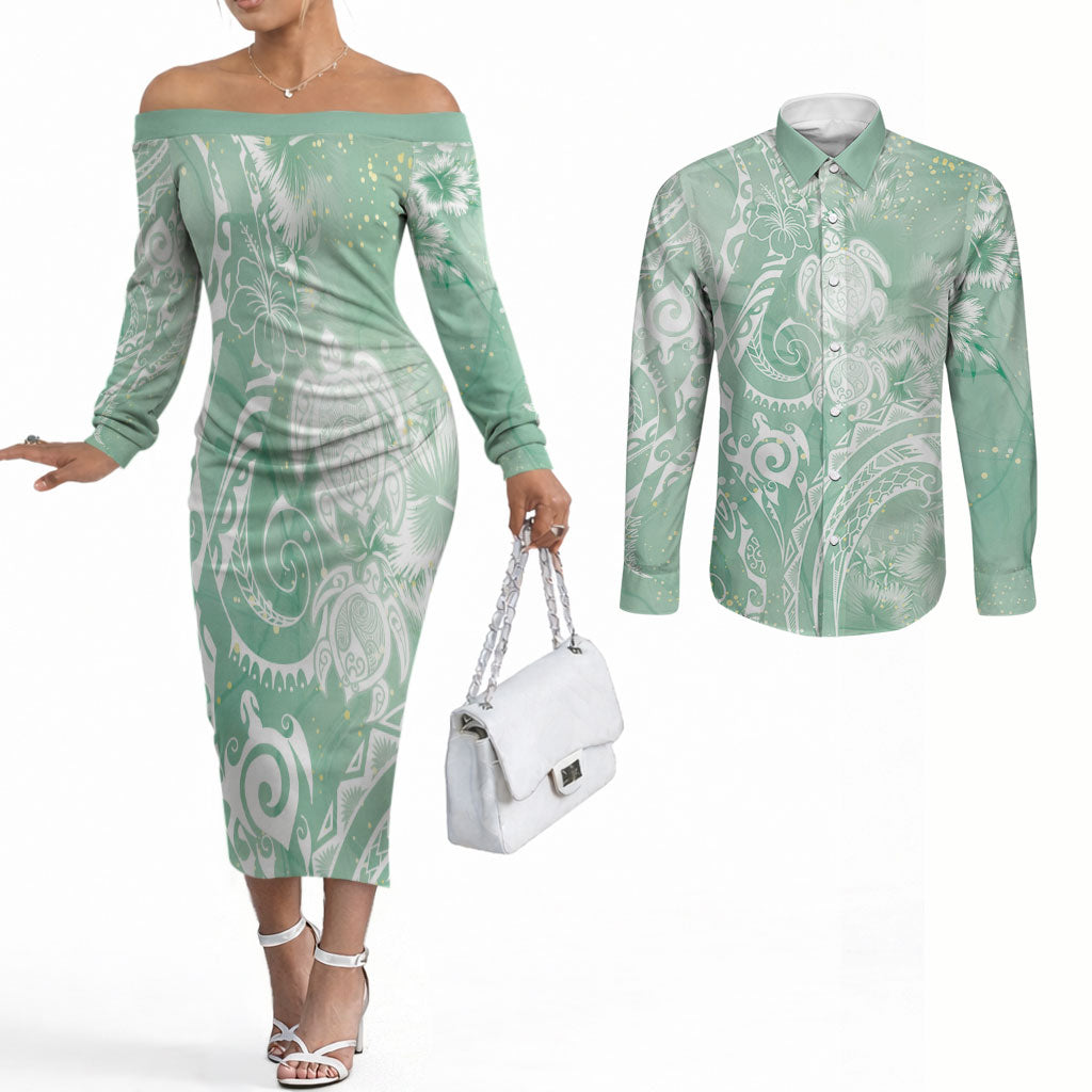 Aloha Hawaii Turtles Floral Couples Matching Off The Shoulder Long Sleeve Dress and Long Sleeve Button Shirt Seafoam Marbles Glaze LT7 Seafoam - Polynesian Pride