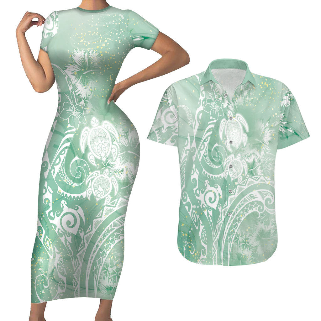 Aloha Hawaii Turtles Floral Couples Matching Short Sleeve Bodycon Dress and Hawaiian Shirt Seafoam Marbles Glaze