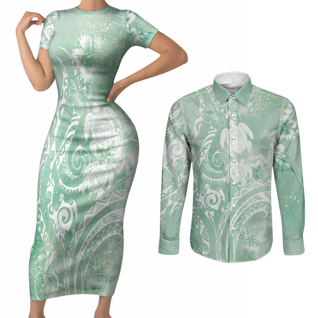 Aloha Hawaii Turtles Floral Couples Matching Short Sleeve Bodycon Dress and Long Sleeve Button Shirt Seafoam Marbles Glaze LT7 Seafoam - Polynesian Pride